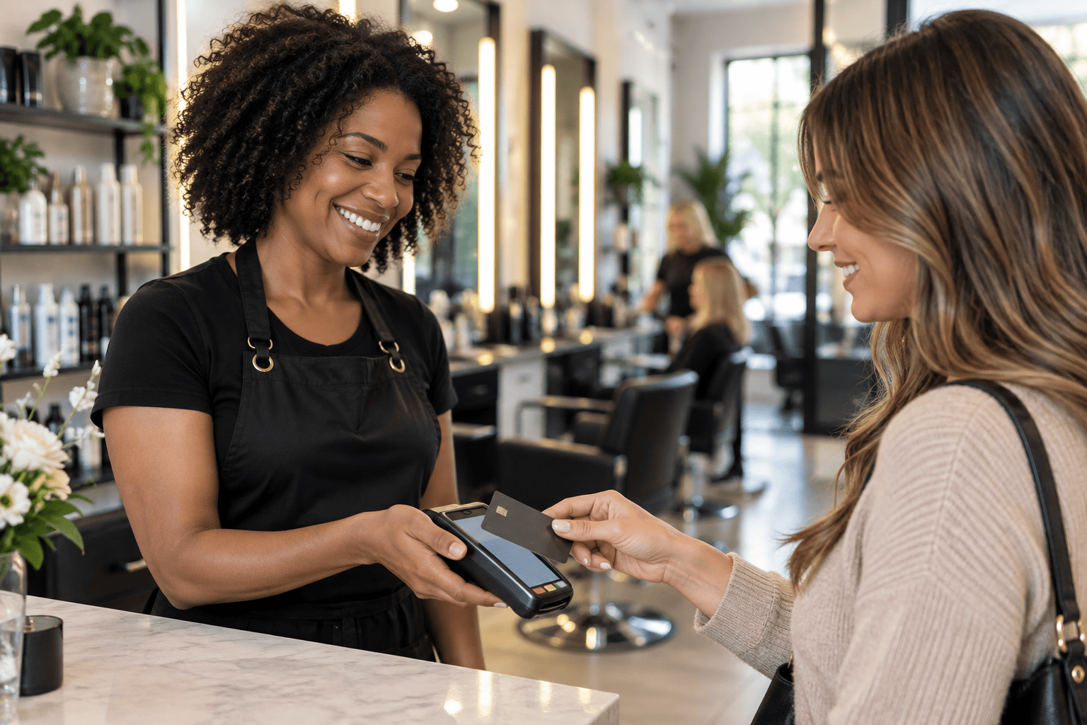 Image of customer and salon owner at Salon and Spa Software With Zero Monthly Credit Card Processing Fees